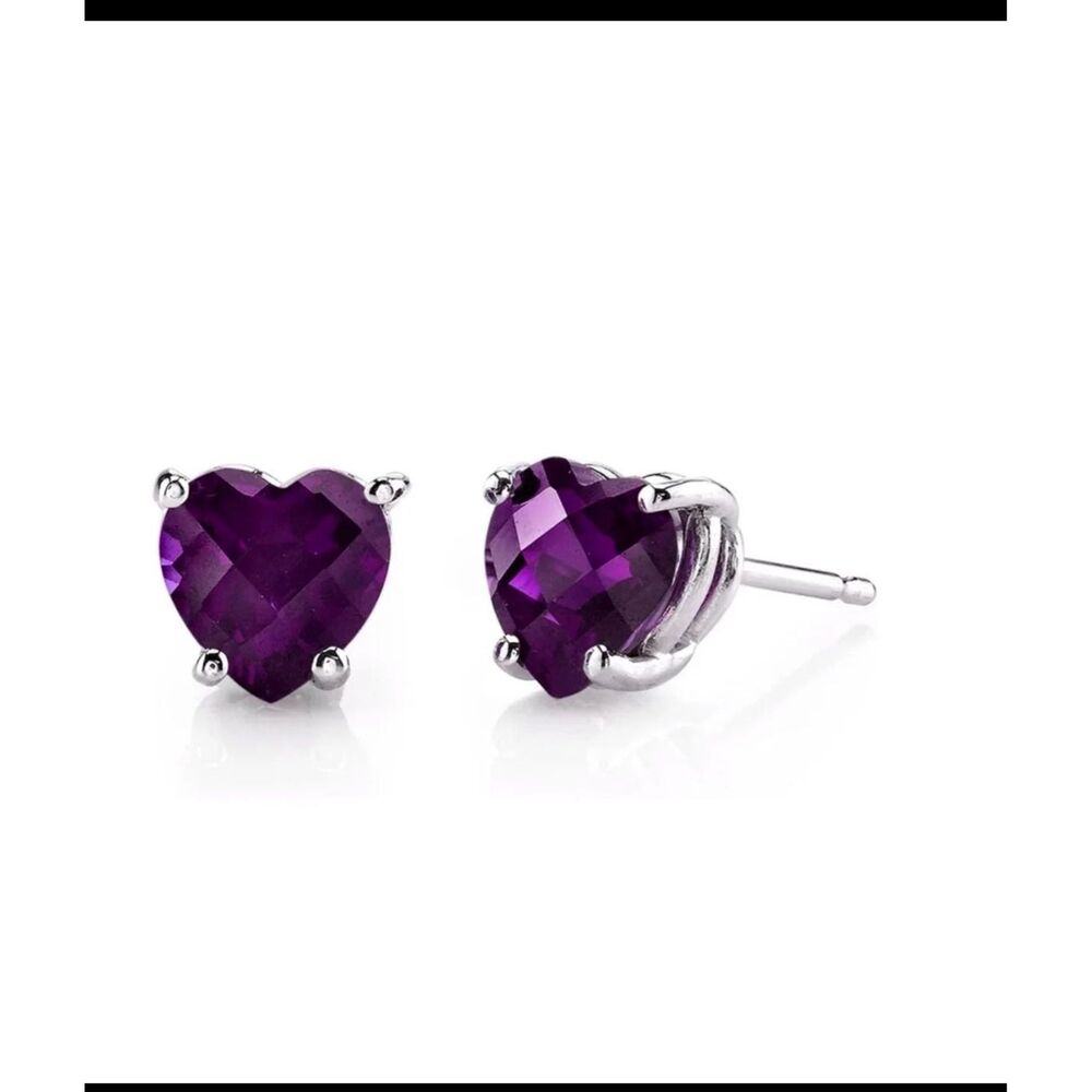 New 2 Ct Heart Cut Amethyst Stud Earrings~925 Sterling Silver